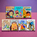 Set of colorful children's books with Arabic text on a purple and pink gradient background