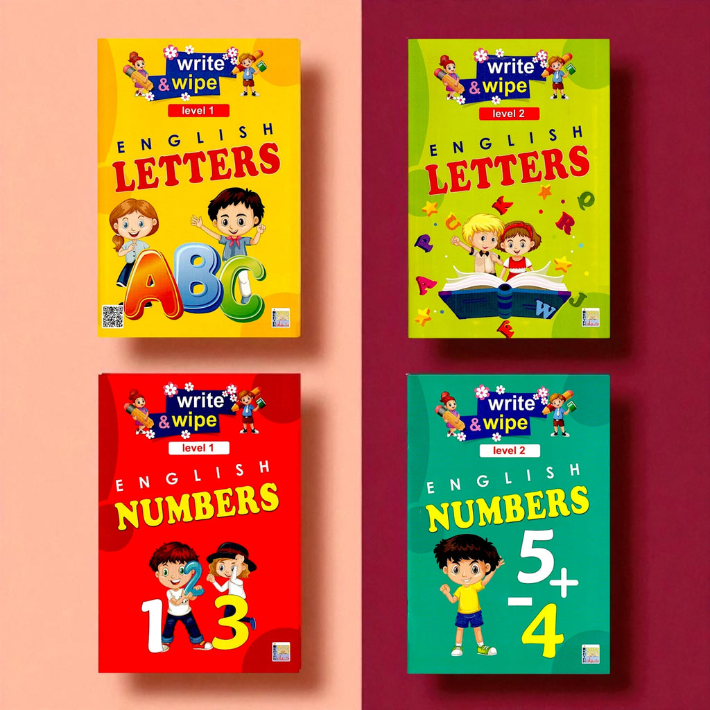 العرض الشامل: مجموعة اكتب وامسح الحروف والأرقام الإنجليزية - 4 كتب