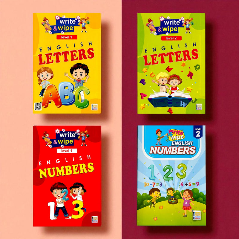 العرض الشامل: مجموعة اكتب وامسح الحروف والأرقام الإنجليزية - 4 كتب