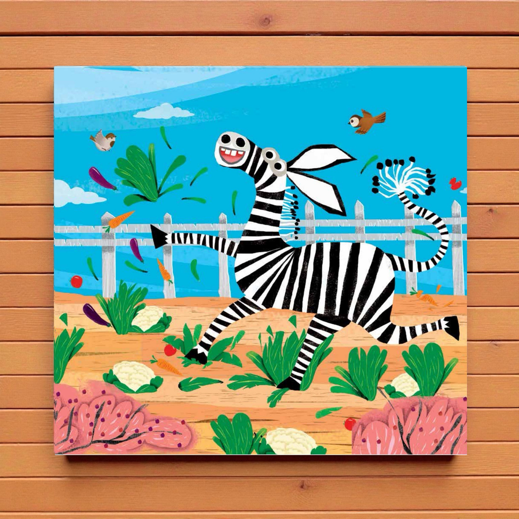 Children's illustration of a zebra playing with a ribbon on a wooden background