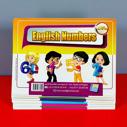 Children's book titled 'English Numbers' with cartoon characters on a red surface.