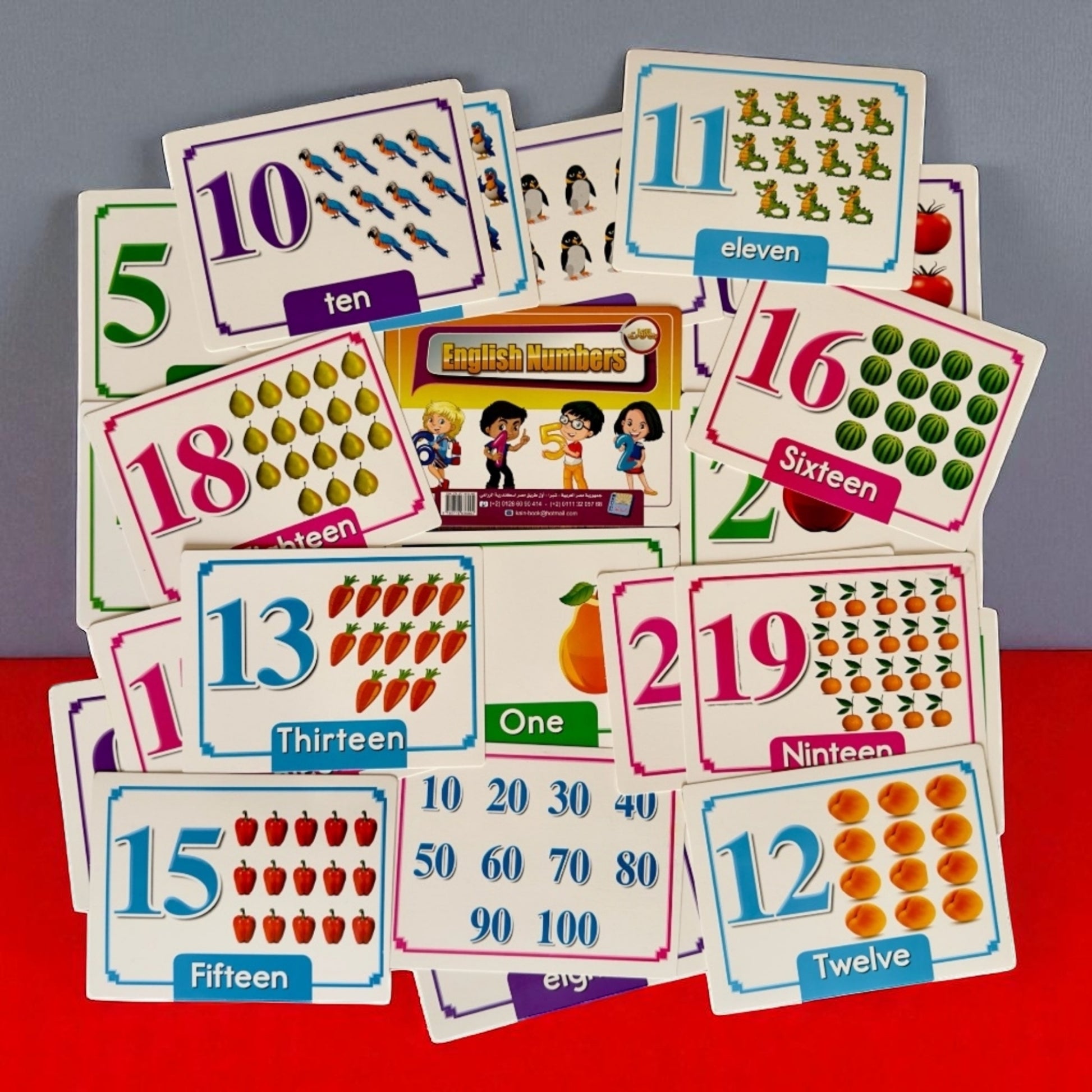 Educational number flashcards on a red and gray background