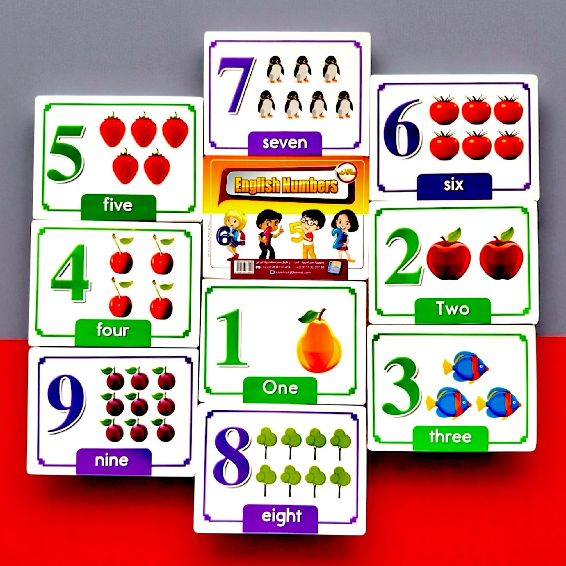 Educational number cards with images and text on a red and gray background