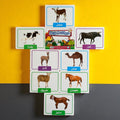 Educational animal cards with images and names on a yellow and gray background